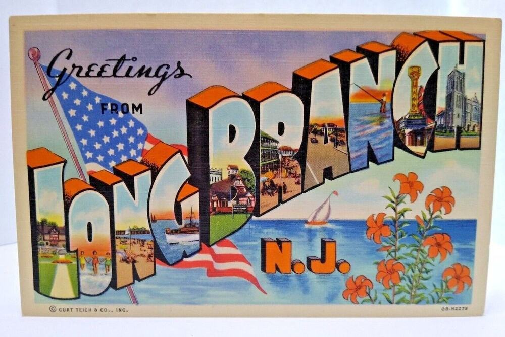 Greetings From Long Branch New Jersey Large Big Letter Postcard Linen Beach Town
